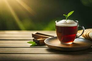 une tasse de thé avec une vert feuille sur une en bois tableau. généré par ai photo