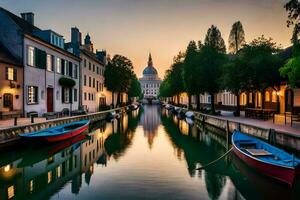 bateaux sont amarré dans une canal à le coucher du soleil. généré par ai photo