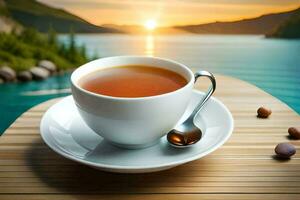 une tasse de thé sur une en bois table avec une vue de le lac. généré par ai photo