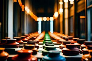 une rangée de coloré des vases dans une couloir. généré par ai photo