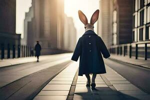 une lapin portant une manteau et en marchant vers le bas une rue. généré par ai photo