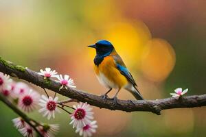 une bleu et Jaune oiseau est assis sur une branche. généré par ai photo