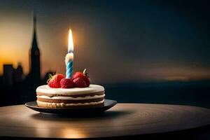 une anniversaire gâteau avec une Célibataire bougie sur Haut. généré par ai photo