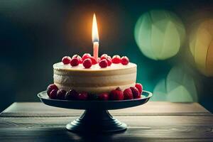 une anniversaire gâteau avec une Célibataire bougie sur Haut. généré par ai photo