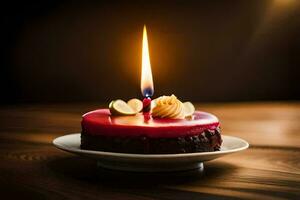 une anniversaire gâteau avec une Célibataire bougie sur Haut. généré par ai photo