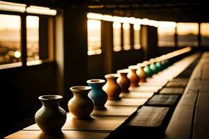 une rangée de des vases doublé en haut sur une en bois tableau. généré par ai photo