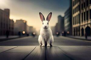 une blanc lapin est séance sur le sol dans une ville. généré par ai photo