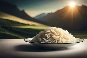 une assiette de riz sur une table avec montagnes dans le Contexte. généré par ai photo