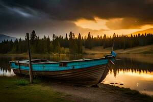 une bateau est assis sur le rive de une Lac à le coucher du soleil. généré par ai photo