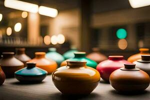 une groupe de coloré des vases séance sur une tableau. généré par ai photo