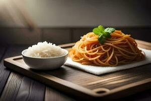 spaghetti et riz sur une en bois planche. généré par ai photo