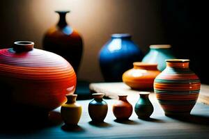 une groupe de coloré des vases séance sur une tableau. généré par ai photo