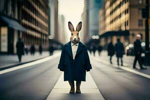 une lapin portant une costume et attacher permanent dans le milieu de une ville rue. généré par ai photo