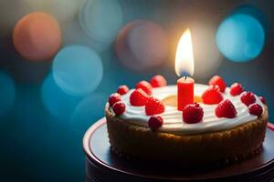 une anniversaire gâteau avec une allumé bougie. généré par ai photo