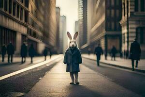 une lapin portant une manteau et permanent dans le milieu de une ville rue. généré par ai photo