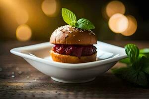 une petit Hamburger avec baie sauce sur une blanc plaque. généré par ai photo