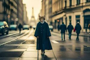 une femme dans une manteau et chapeau en marchant vers le bas une rue. généré par ai photo