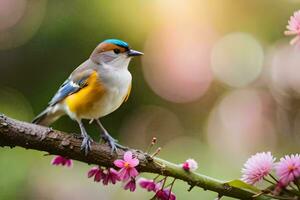 une oiseau séance sur une branche avec rose fleurs. généré par ai photo