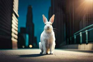 une blanc lapin est séance sur le sol dans de face de une ville. généré par ai photo