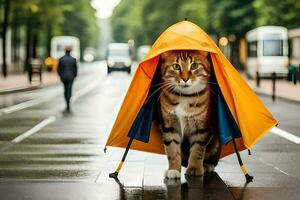 une chat est permanent en dessous de un parapluie sur une rue. généré par ai photo