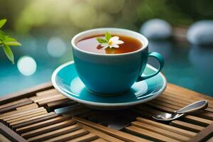 une tasse de thé sur une en bois tableau. généré par ai photo