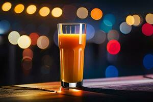 une verre de Orange jus sur une table dans de face de une flou Contexte. généré par ai photo