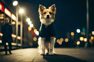 une chien portant une veste permanent sur une rue à nuit. généré par ai photo