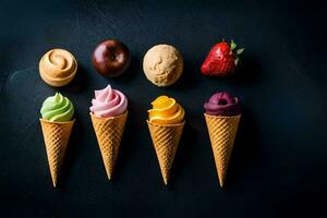 différent la glace crème les saveurs dans cônes sur une noir Contexte. généré par ai photo