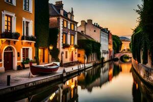 une canal dans le milieu de une ville à le coucher du soleil. généré par ai photo