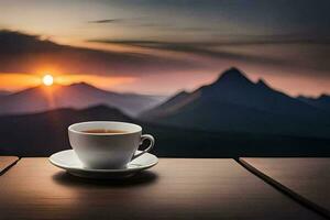 une tasse de café sur une table dans de face de une Montagne voir. généré par ai photo