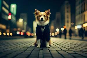 une chien portant une costume et attacher est assis sur le rue à nuit. généré par ai photo
