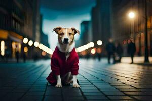 une chien dans une rouge manteau séance sur le rue. généré par ai photo