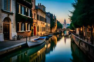 une canal dans une ville avec bateaux et bâtiments. généré par ai photo