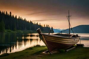 une bateau est assis sur le rive de une Lac à le coucher du soleil. généré par ai photo