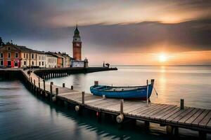 une bateau est assis sur le Dock à le coucher du soleil. généré par ai photo