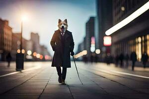 une chien portant une manteau et attacher en marchant vers le bas une rue. généré par ai photo