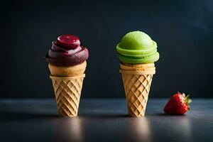 deux la glace crème cônes avec différent couleurs sur une noir Contexte. généré par ai photo