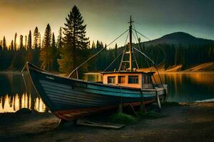 une bateau est assis sur le rive de une Lac à le coucher du soleil. généré par ai photo