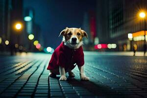 une chien portant une rouge manteau sur une rue à nuit. généré par ai photo