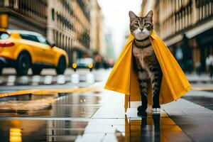 une chat portant une Jaune cap sur une pluvieux rue. généré par ai photo