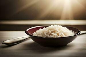 une bol de riz sur une table avec une cuillère. généré par ai photo