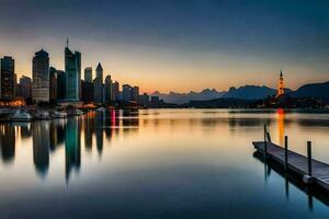 le ville horizon est réfléchi dans le l'eau à le coucher du soleil. généré par ai photo