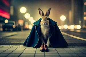 une lapin dans une manteau et des chaussures séance sur le rue. généré par ai photo