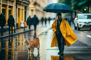 une homme dans une Jaune imperméable et noir parapluie en marchant avec une chat. généré par ai photo