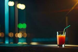 une verre de Orange jus sur une table dans de face de une ville ligne d'horizon. généré par ai photo