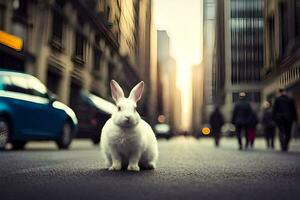 une blanc lapin est permanent dans le milieu de une ville rue. généré par ai photo