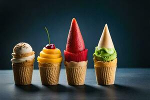 cinq la glace crème cônes avec différent les saveurs. généré par ai photo