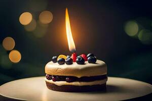 une petit gâteau avec baies et une bougie. généré par ai photo