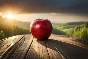 un Pomme est assis sur une en bois table dans de face de une le coucher du soleil. généré par ai photo