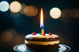 une anniversaire gâteau avec une Célibataire bougie. généré par ai photo